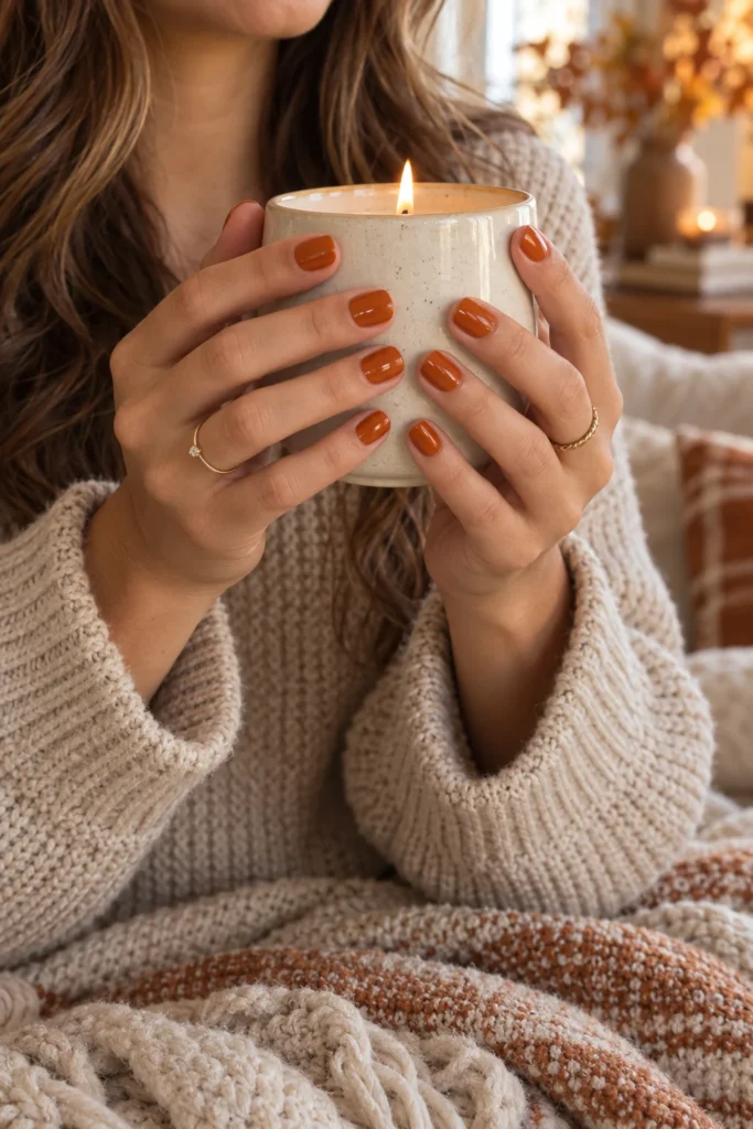 Short glossy pumpkin-orange simple Halloween nails on two hands