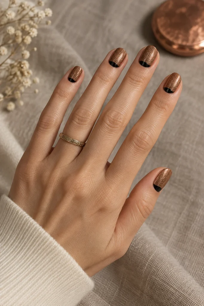 Short copper shimmer Halloween nails with narrow black half-moons