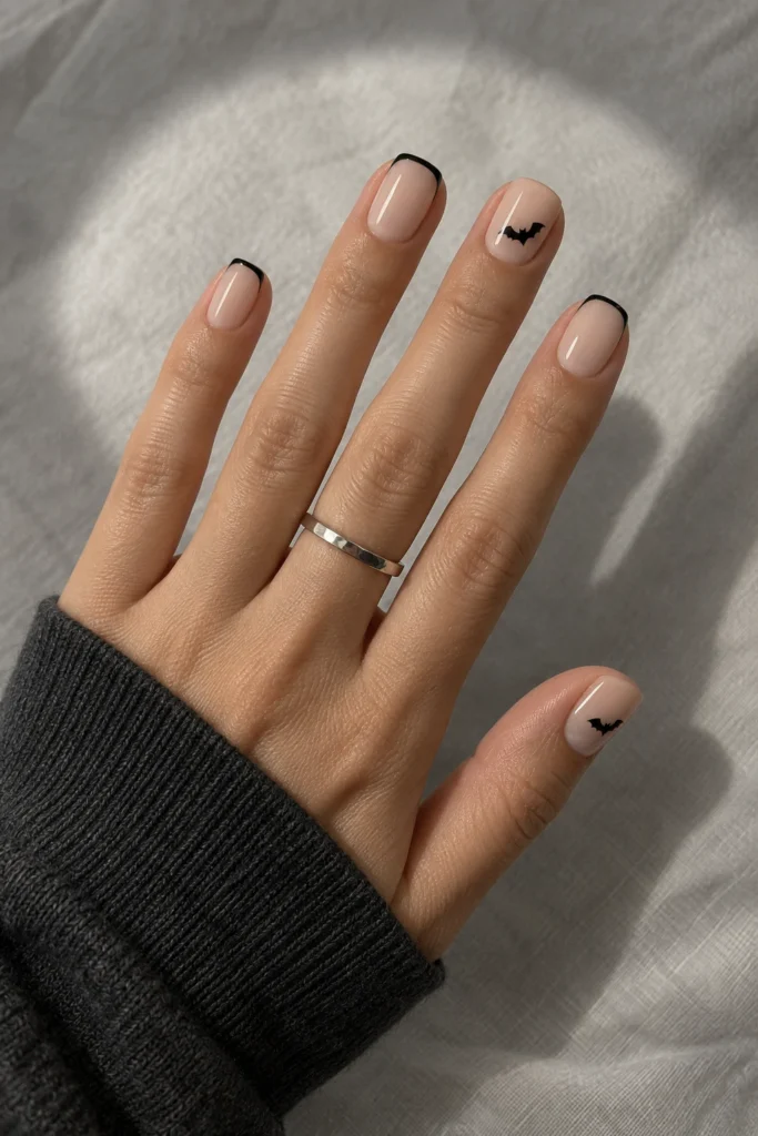 Pale beige Halloween nails with tiny black bats and micro-French tips