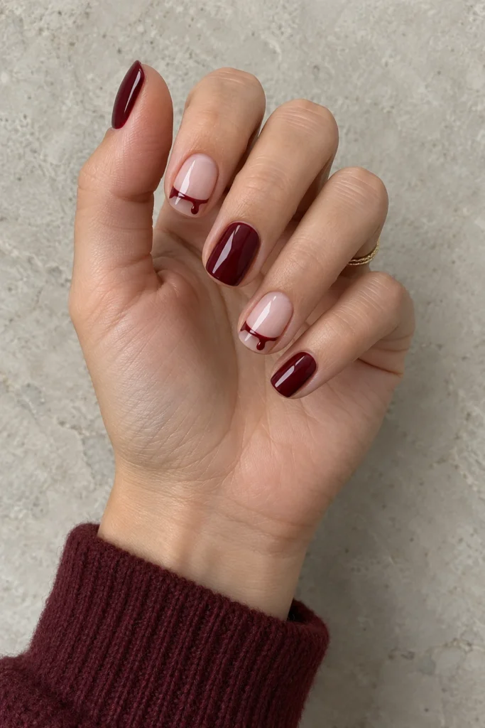 Short nude and burgundy Halloween nails with miniature blood-drop accents