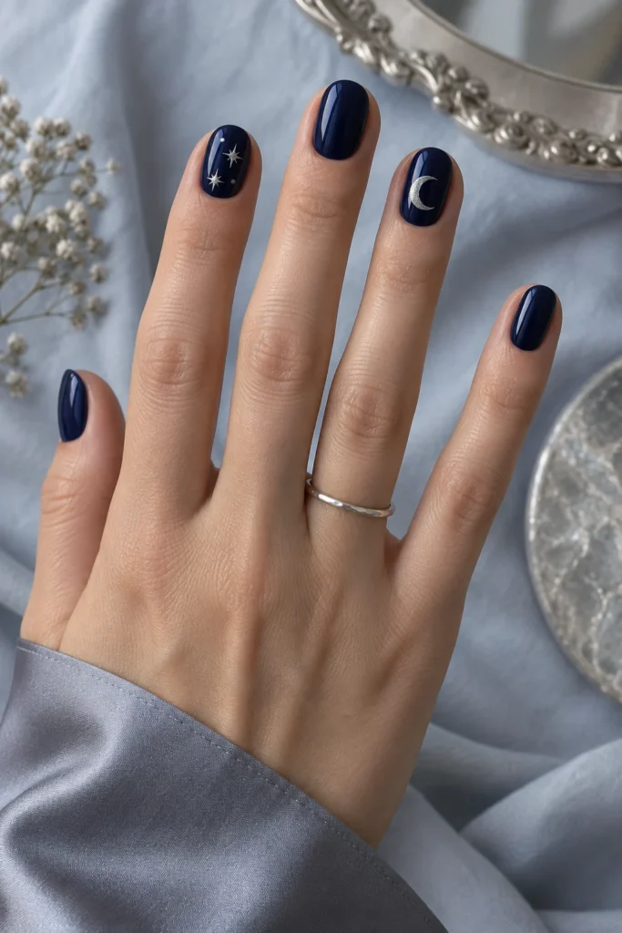 Short midnight-blue Halloween nails with a silver crescent and tiny stars