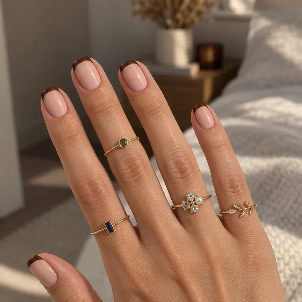 5 Short Simple Fall Nails for an Easy Autumn Manicure Short nude squoval nails with glossy chocolate-brown French tips and delicate gold rings.