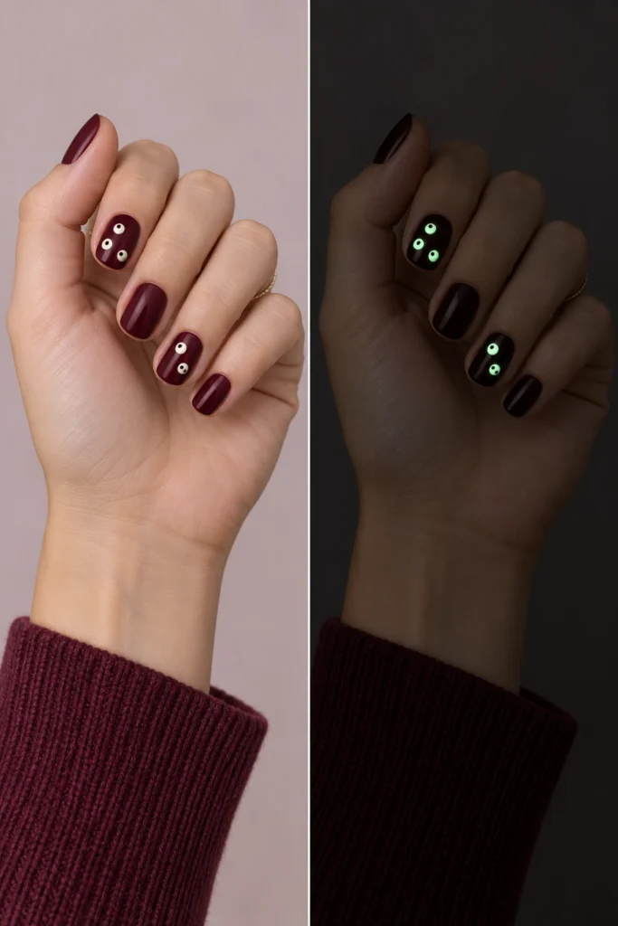 11+ Best Glow-in-the-Dark Short Halloween Nails Burgundy Halloween nails with tiny eye dots glowing pale green at night.