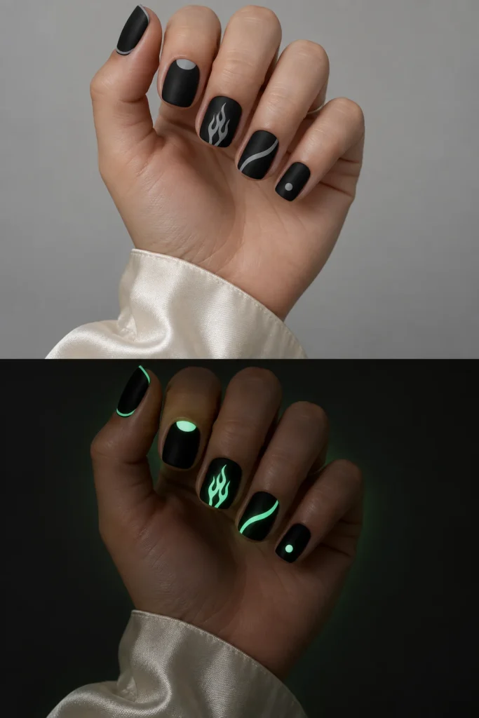 11+ Best Glow-in-the-Dark Short Halloween Nails Matte-black short Halloween nails with mixed patterns glowing spectral green.