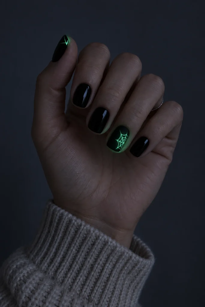 11+ Best Glow-in-the-Dark Short Halloween Nails Black short Halloween nails with a spiderweb glowing ghostly green in darkness.