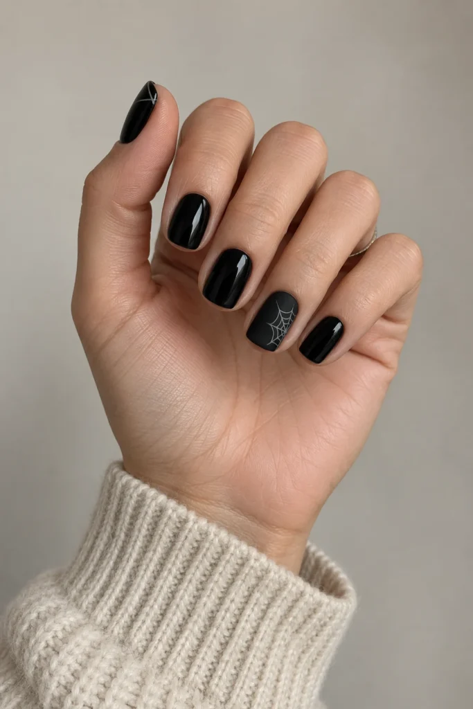 11+ Best Glow-in-the-Dark Short Halloween Nails Short Halloween nails with glossy black polish, a matte accent nail, and a delicate gray spiderweb.