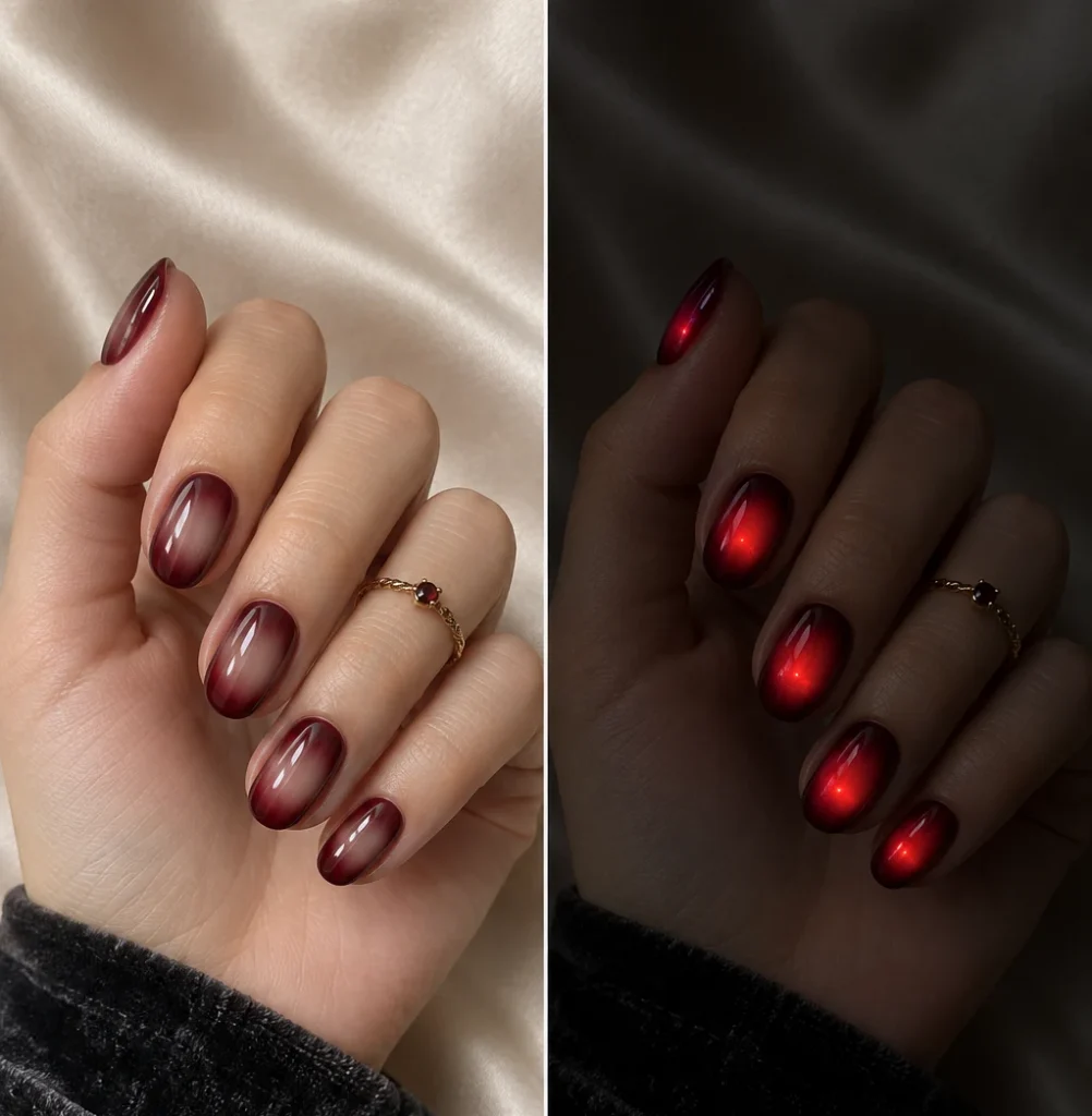 11+ Best Glow-in-the-Dark Short Halloween Nails Oxblood aura nails with luminous ruby-red centers glowing at night.