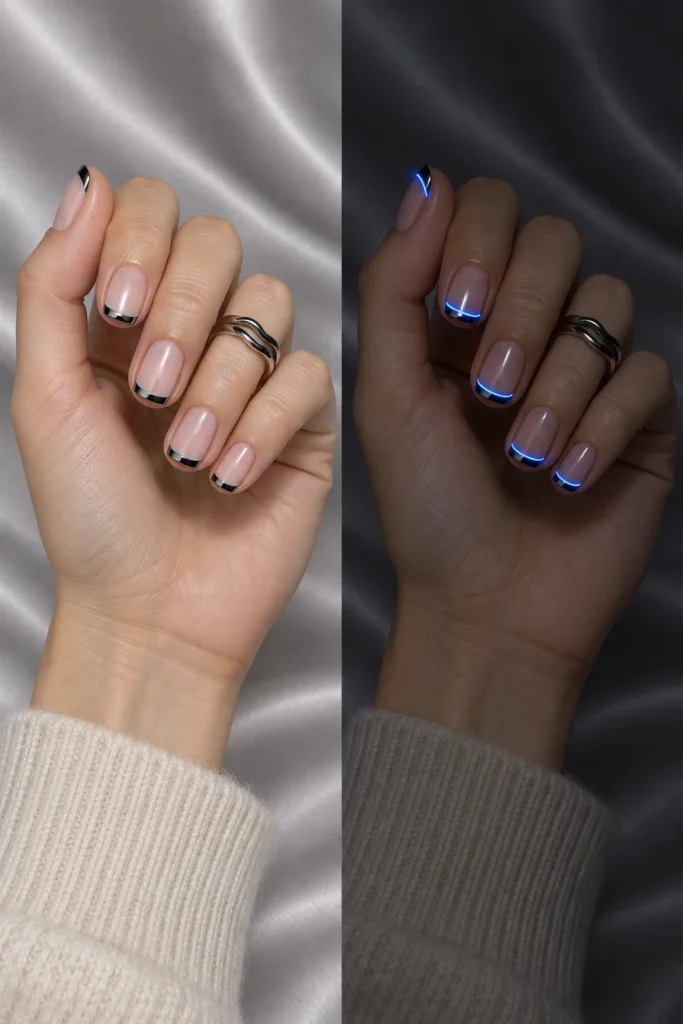 11+ Best Glow-in-the-Dark Short Halloween Nails Black chrome French tips outlined with electric-blue glow-in-the-dark polish.