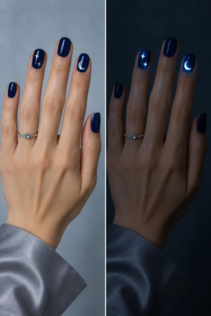 11+ Best Glow-in-the-Dark Short Halloween Nails Midnight-blue short Halloween nails with a moon and stars glowing icy blue.