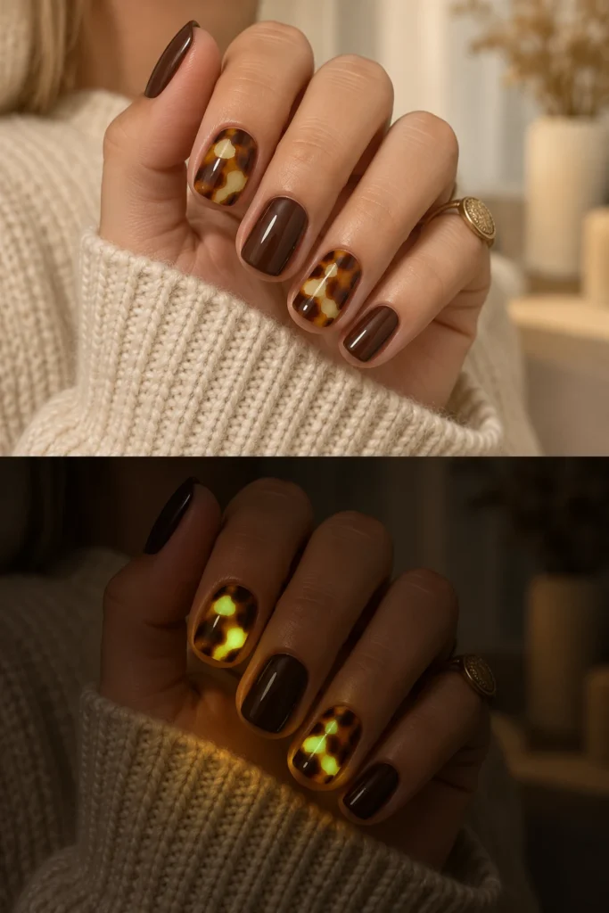 11+ Best Glow-in-the-Dark Short Halloween Nails Orange tortoiseshell accent nails with cream patches glowing amber green at night.