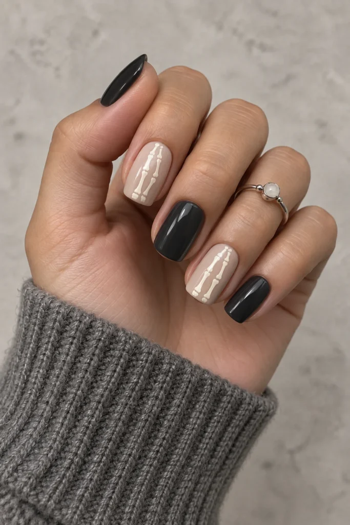 11+ Best Glow-in-the-Dark Short Halloween Nails Short beige and charcoal Halloween nails with fine ivory skeleton lines.