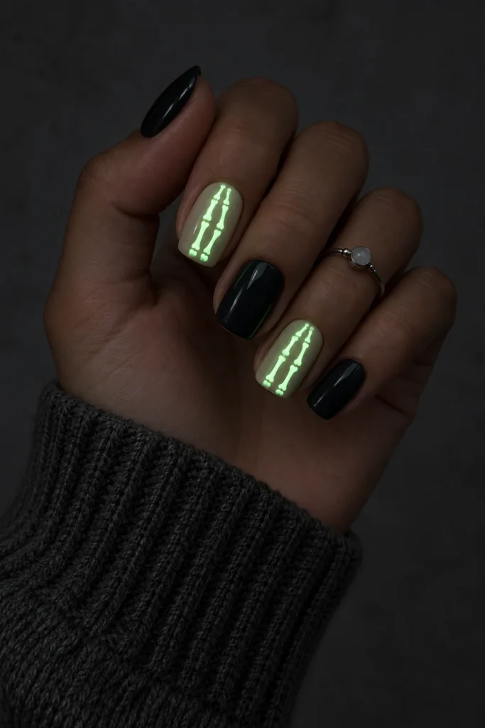 11+ Best Glow-in-the-Dark Short Halloween Nails Short Halloween nails with miniature skeleton lines glowing spectral green.