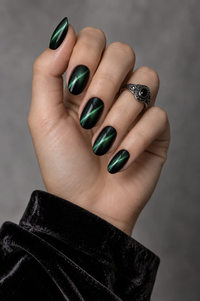 11+ Best Glow-in-the-Dark Short Halloween Nails Short almond nails with deep green cat-eye polish and diagonal magnetic stripes.