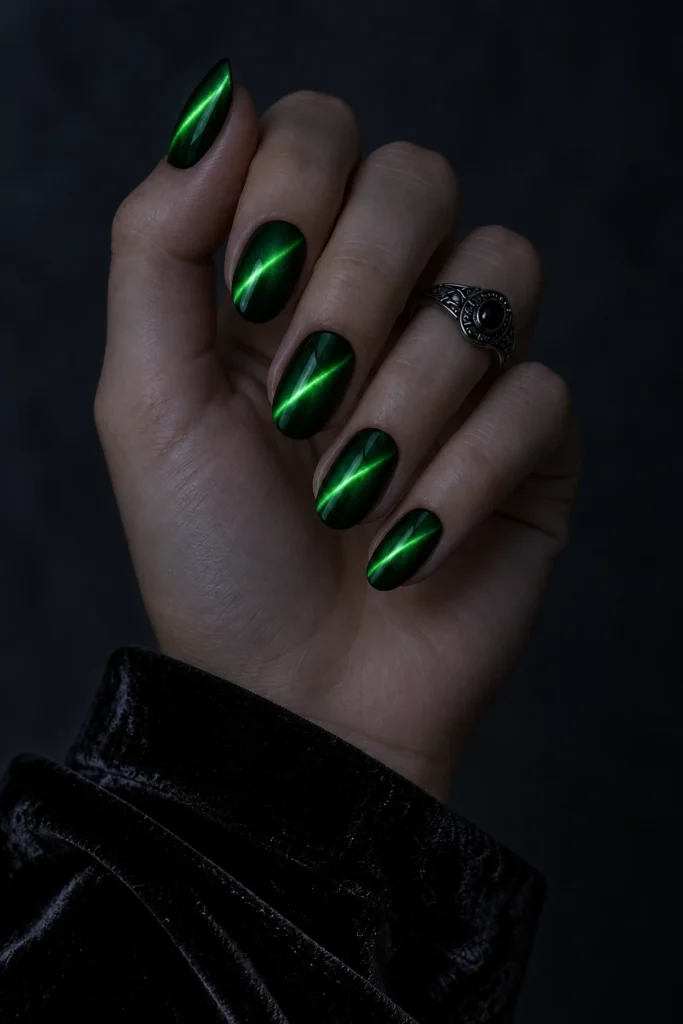 11+ Best Glow-in-the-Dark Short Halloween Nails Short green cat-eye nails with poison-green stripes glowing in darkness.