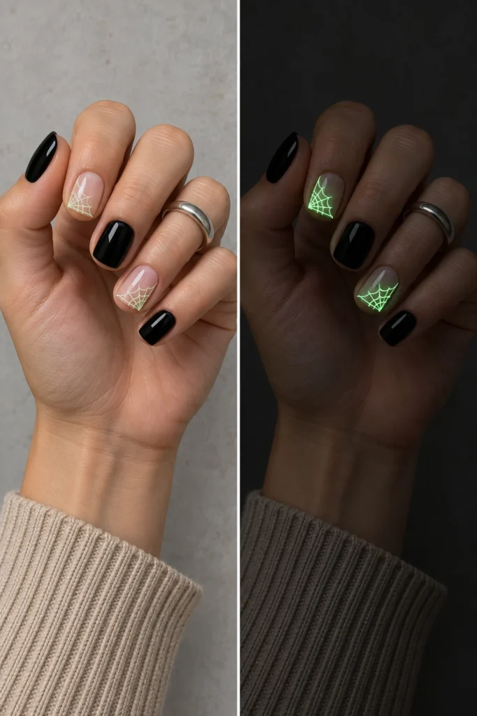 11+ Best Glow-in-the-Dark Short Halloween Nails Negative-space spiderweb nails glowing bright ghost green at night.