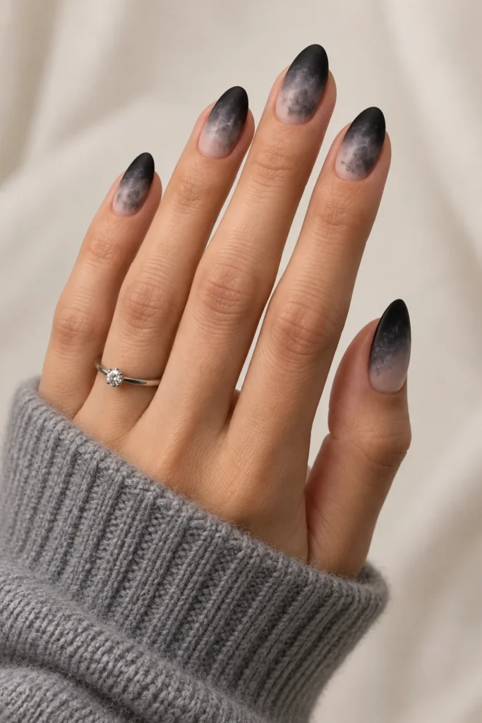 11+ Best Glow-in-the-Dark Short Halloween Nails Short almond nails with matte nude, smoky gray, and black ombré tips.
